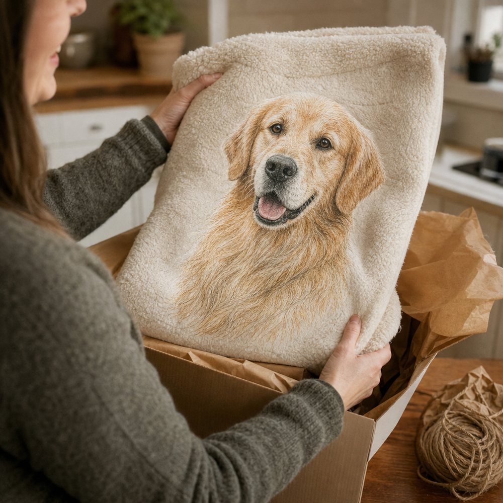 Hands lifting a printed blanket out of a parcel