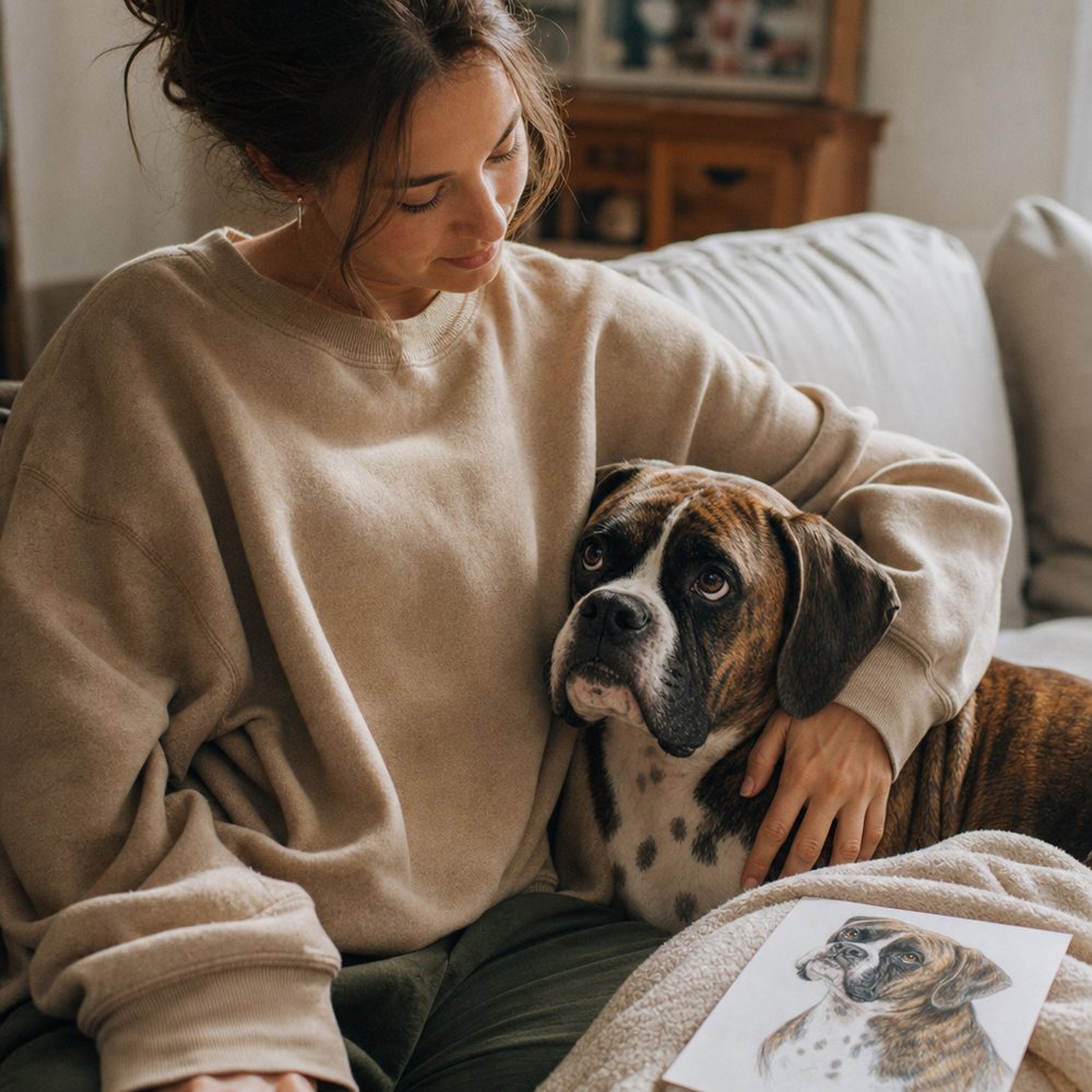 A woman on a sofa with her boxer leaning into her side