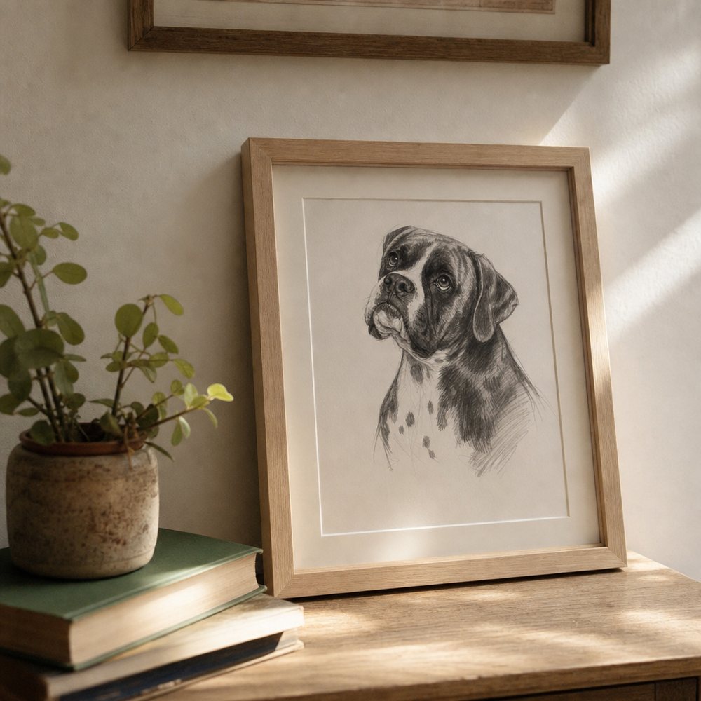 A framed pencil drawing of an old dog on a shelf in soft light