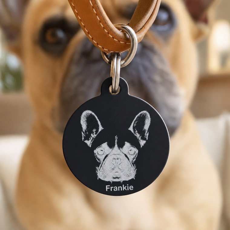 Engraved name tag on a dog’s collar